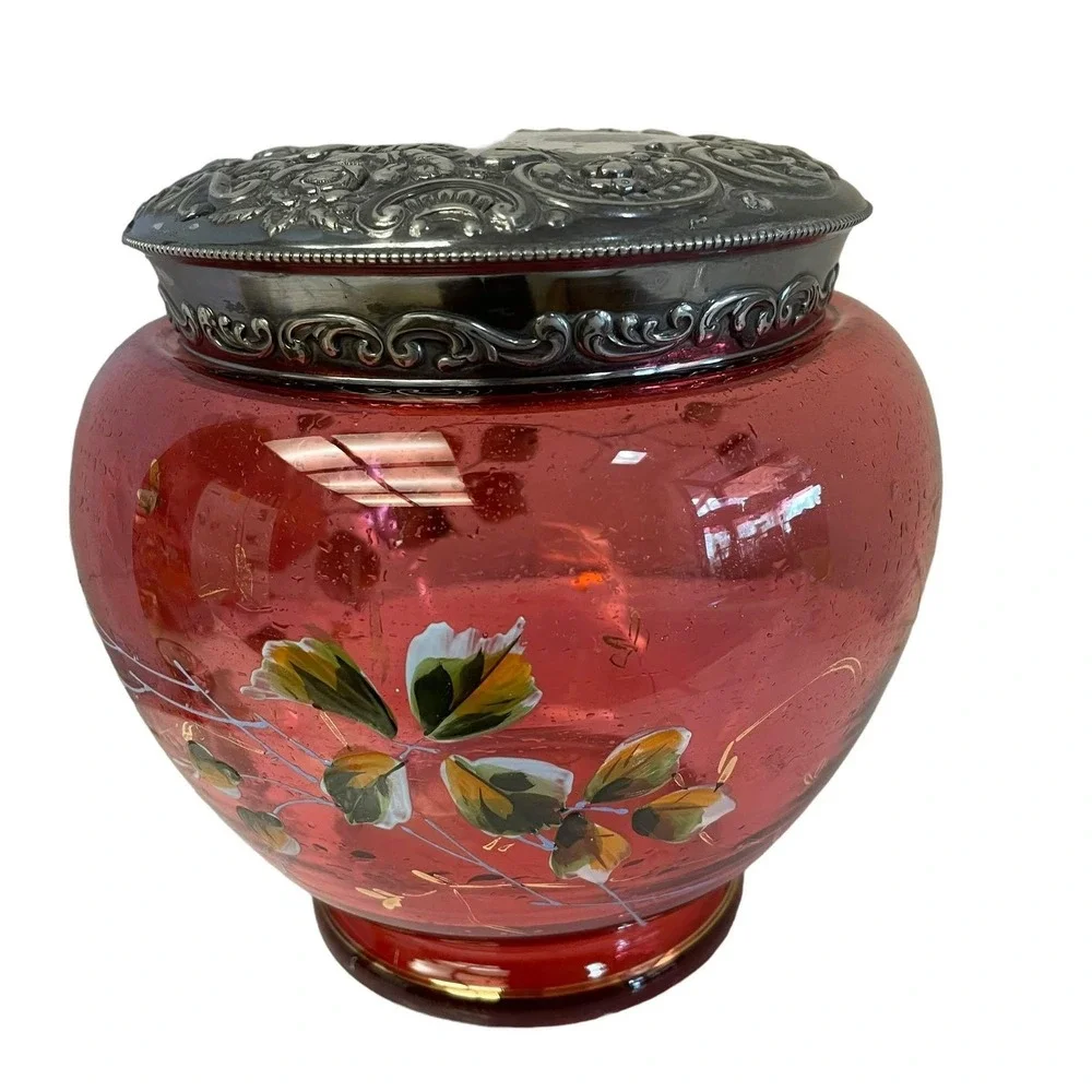Antique Cranberry Glass Biscuit Jar Hand Painted Floral Victorian Silver Lid Red